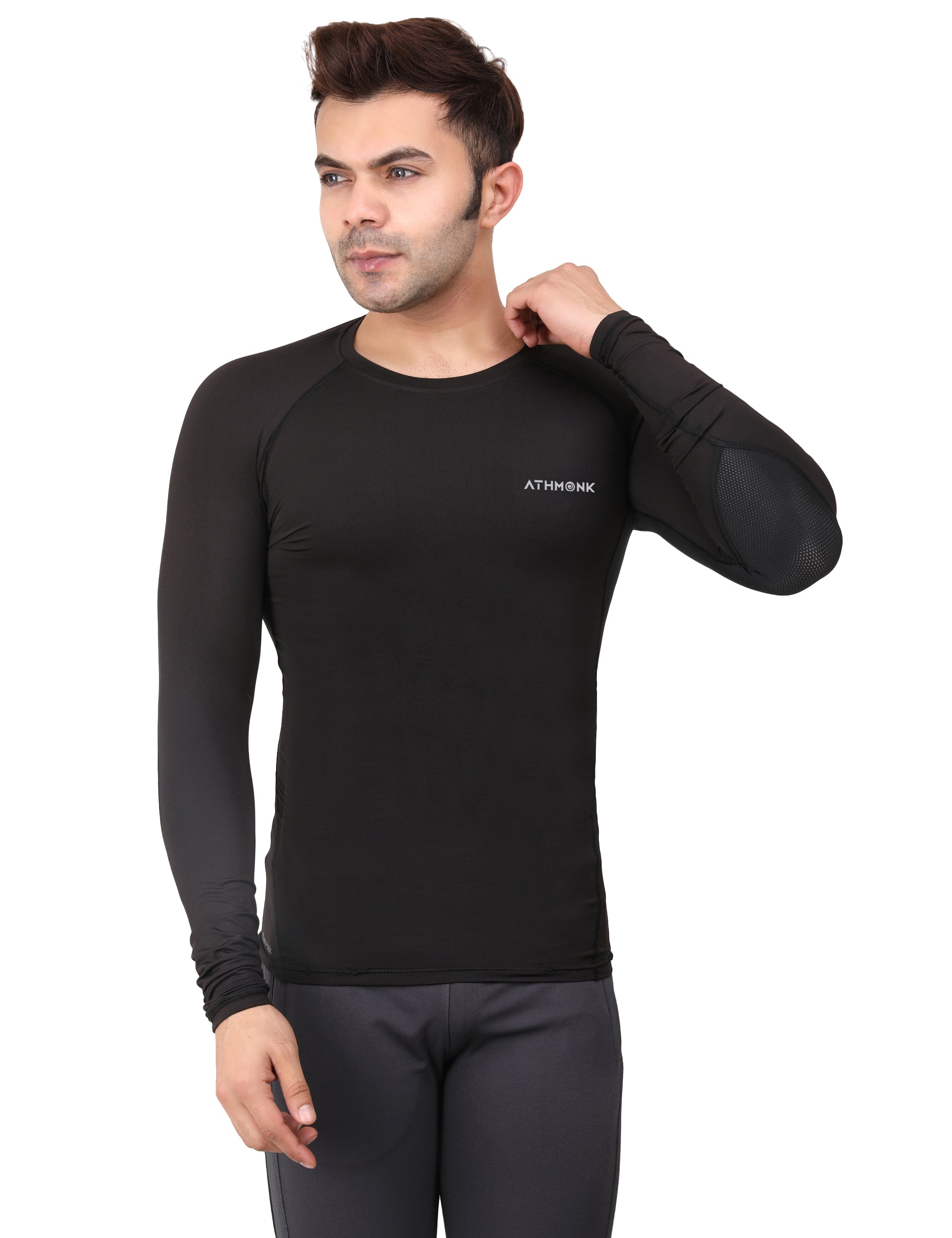 Athmonk Compression T-Shirt Vest Upper Body Shaper for Men Boys Branded - 4-Way Stretch Lycra Fabric - Workout Gym Cricket Running Football Sports Training - Keep Dry Tight Skin Fit - Round Neck